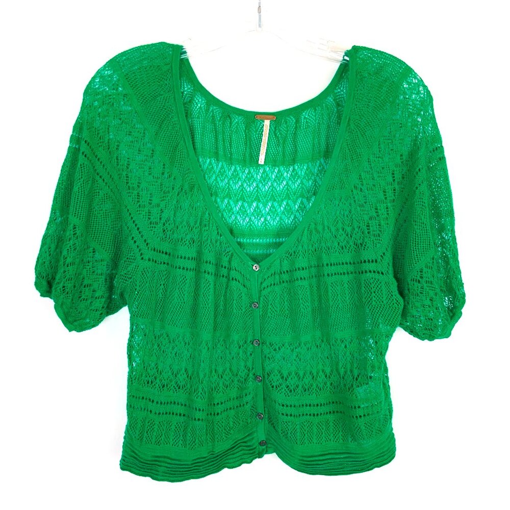 Free People Green Open Knit Short Sleeve Crop Top V-Neck Sz L - Picture 3 of 16